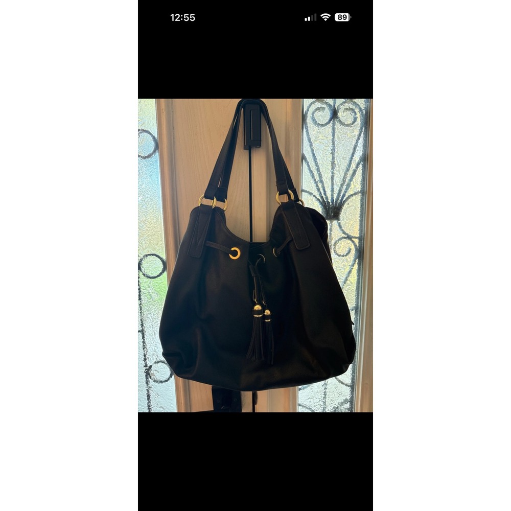 Liz Claiborne Black Faux Leather Hobo Shoulder Bag Tassel Drawstring Gold Tone